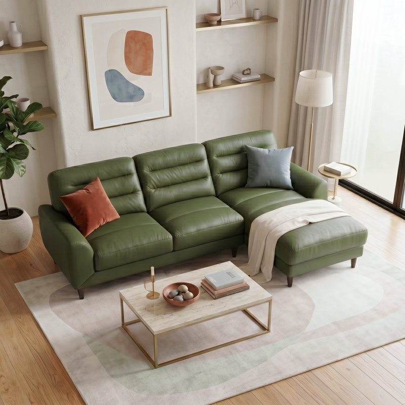 Canapé modulaire en cuir véritable Baldwin, Cuir véritable vert / rembourrage en mousse