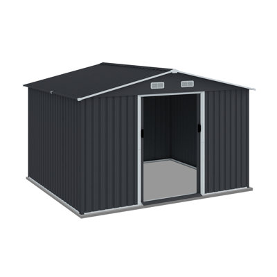 Maison de rangement extérieure robuste en métal 8 pi x 10 pi avec portes coulissantes et évent pour le jardin, le patio, la pelouse - pouvant accueillir des tondeuses à gazon, des vélos, une grande remise à outils grise de 8 x 10 po pour ranger les vélos