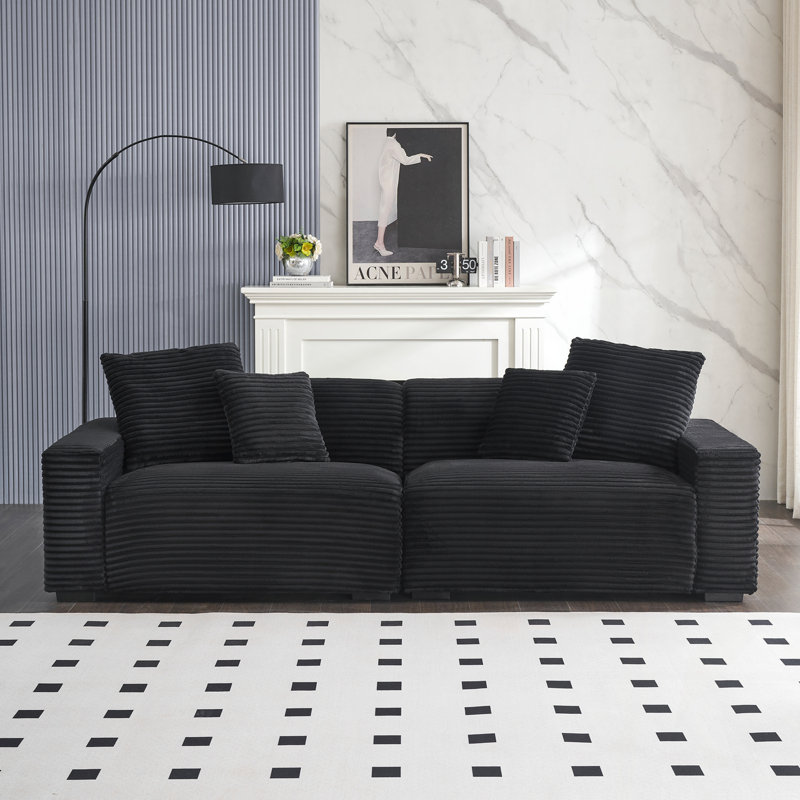 Grand canapé de 104,72 pouces à 4 places avec 4 coussins décoratifs en velours côtelé noir, Noir