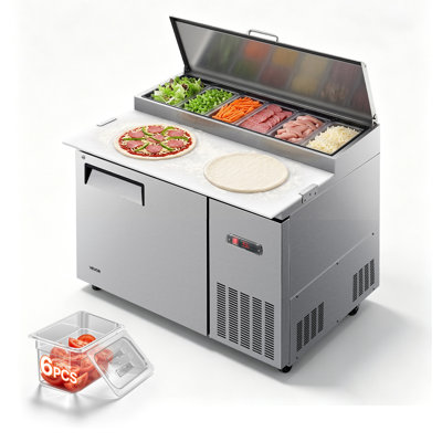 44"W Commercial Refrigerator 10.8 Cu. Ft Pizza Prep Table Fridge, 19" Ultra Wide Cutting Board Salad Refrigerated Worktop, Mega Top Stainless Steel Food Prep Cooler, 6 x 1/3 Pans with Lids