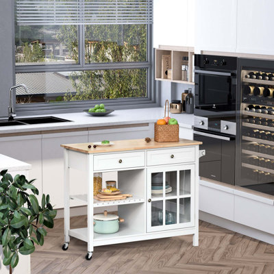 Îlot de cuisine roulant avec rangement, chariot de cuisine avec plateau en bois massif, armoire de porte en verre, tablette réglable, porte-serviettes, 2 tiroirs pour la salle à manger, blanc