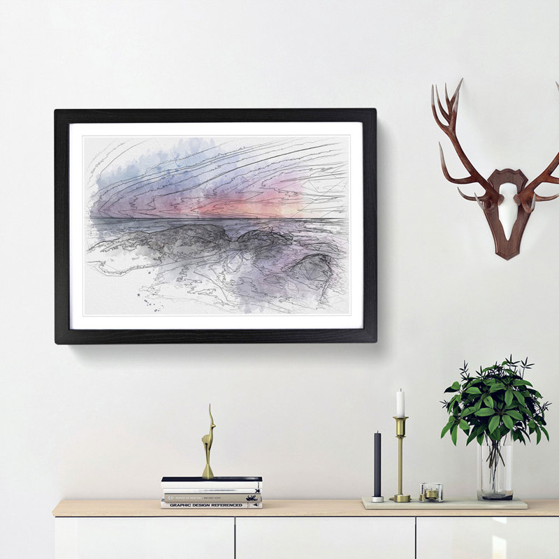Sunset in Malaga Spain Sketch - Picture Frame Graphic Art Print, Black Framed, 62cm H x 87cm W x 2cm D