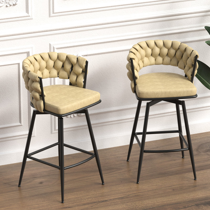 De 2 tabourets de bar en cuir technique brun. Pivote à 360 degrés, base en métal, tissé pour îlot de cuisine, café, cadre 2 pièces, siège rembourré avec barre,