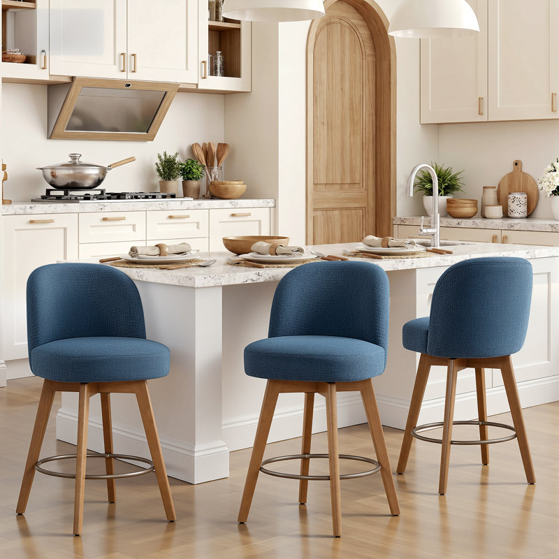 Tabouret de comptoir pivotant 26 po 3PCS avec structure en bois massif et dossier moyen, Bleu foncé / mélange de lin, 3