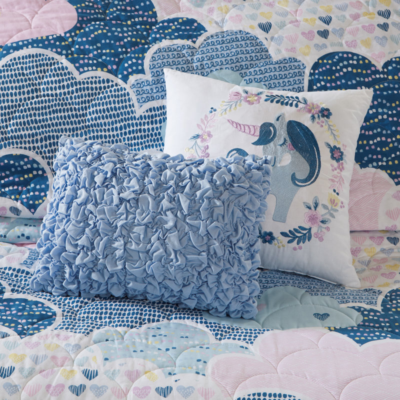 Blue Twin Cotton Reversible Fantasy Coverlet Set with Throw Pillows