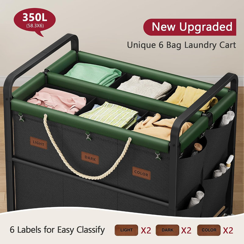 Chariot à linge extra large de 350 L, panier à linge à 6 compartiments, noir