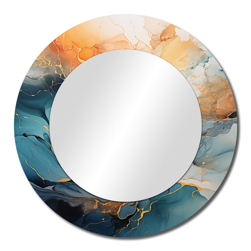 Teal Orange Bold Abstract Flow Collage II - Abstract Collages Round Mirror Wall Decor, 23" x 23"