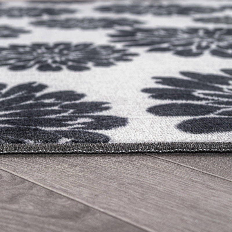 Tapis intérieur antidérapant lavable à la machine à motif floral anthracite, Anthracite, 7 pi 10 po x 10 pi