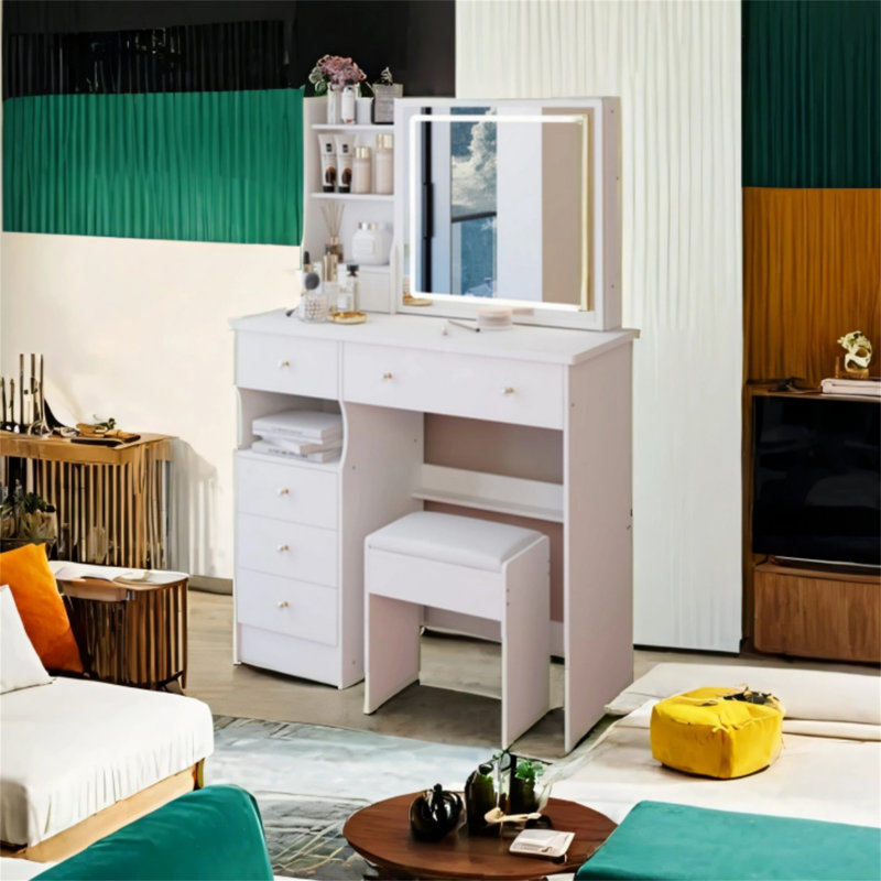 Commode de bureau moyenne avec tiroir rembourré 37 po With Brightness, Blanc