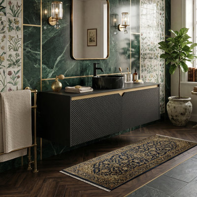 Meuble-lavabo flottant moderne de 48 po avec plateau en pierre frittée noire, portes en sergé géométrique avec garniture en métal, 4 options d'évier de vasque (noir)