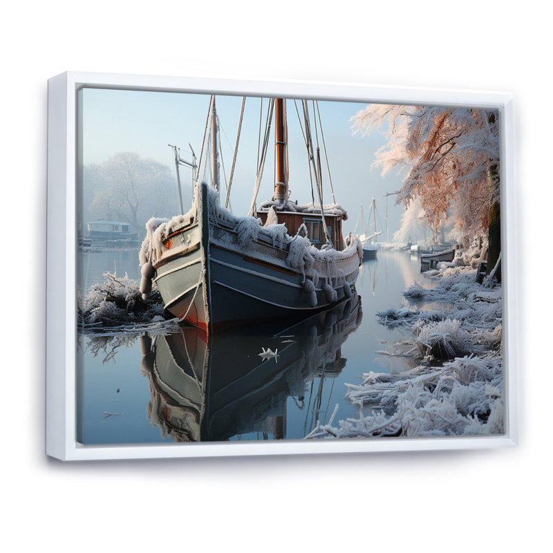 Icy Harbor Winter Landscape, reproduction d'art sur toile, H 24 po x l 32 po x P 1 po, Cadre flottant blanc