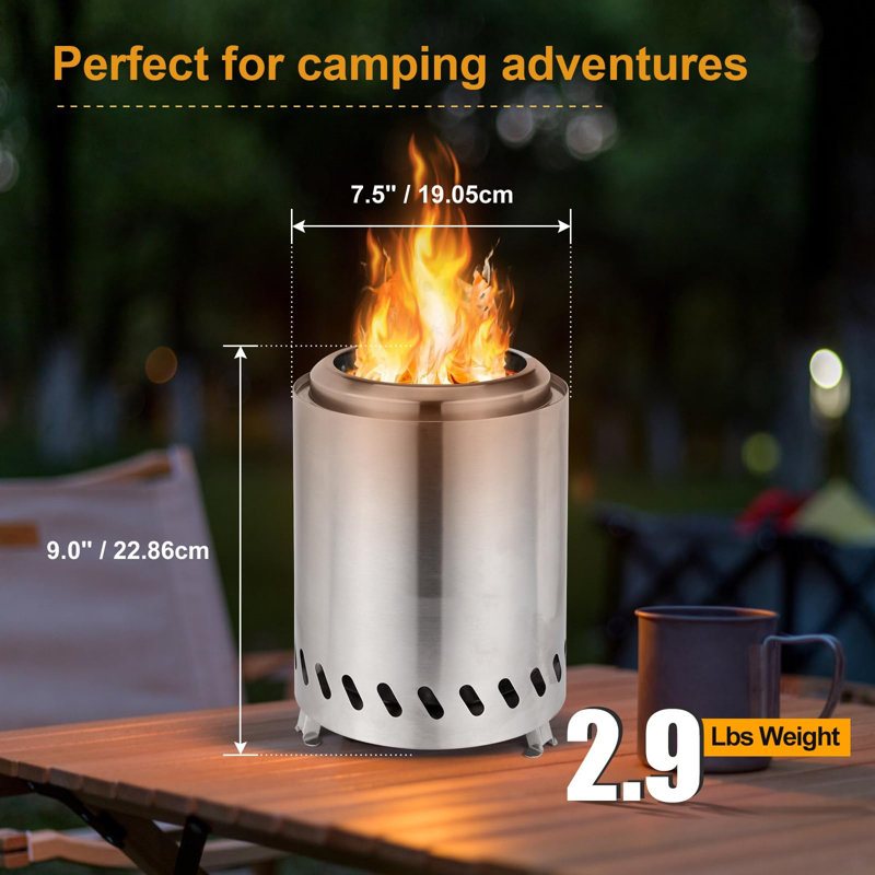 9 x 7 Zoll Tischfeuerstelle, rauchiger Campingkocher für sicheres Outdoor-Feuer, Brennstoffpellets oder Holz, inklusive Tragetasche und Feuermatte, Silber