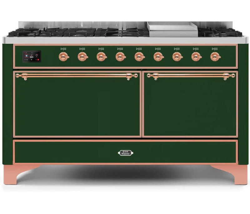ILVE UM15FDQNS3BKCLP Majestic II 60 inch Dual Fuel Range with 9 Burners, Griddle (Liquid Propane, Solid Door, Glossy Black, Chrome)