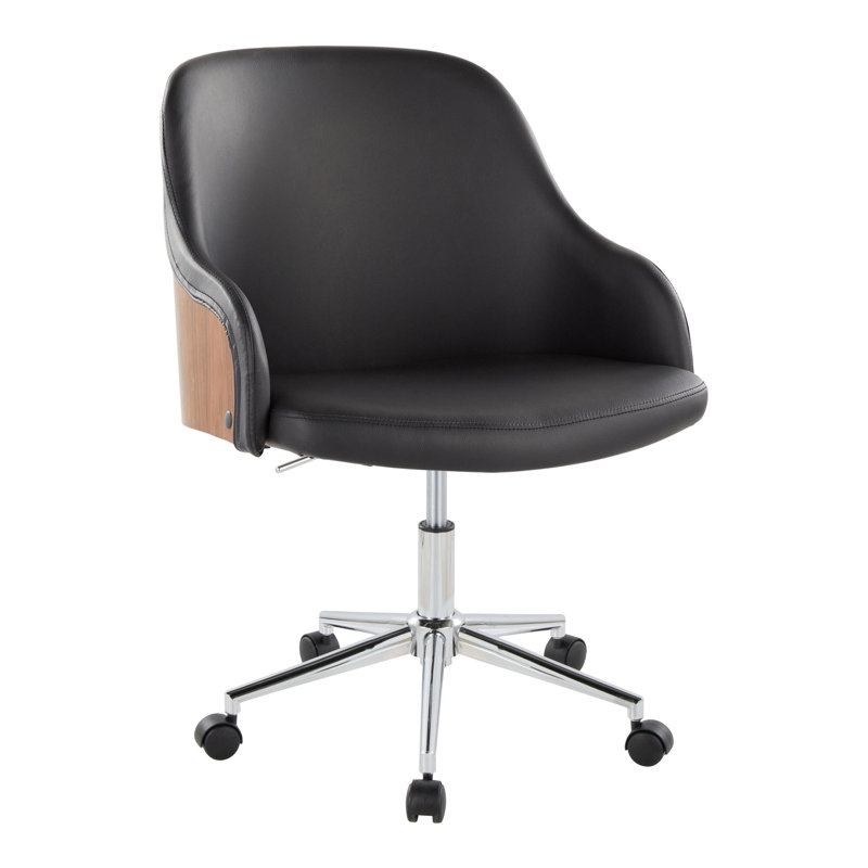 Chaise de bureau en métal chromé, bois de noyer et similicuir noir, Noir, Chrome chrome