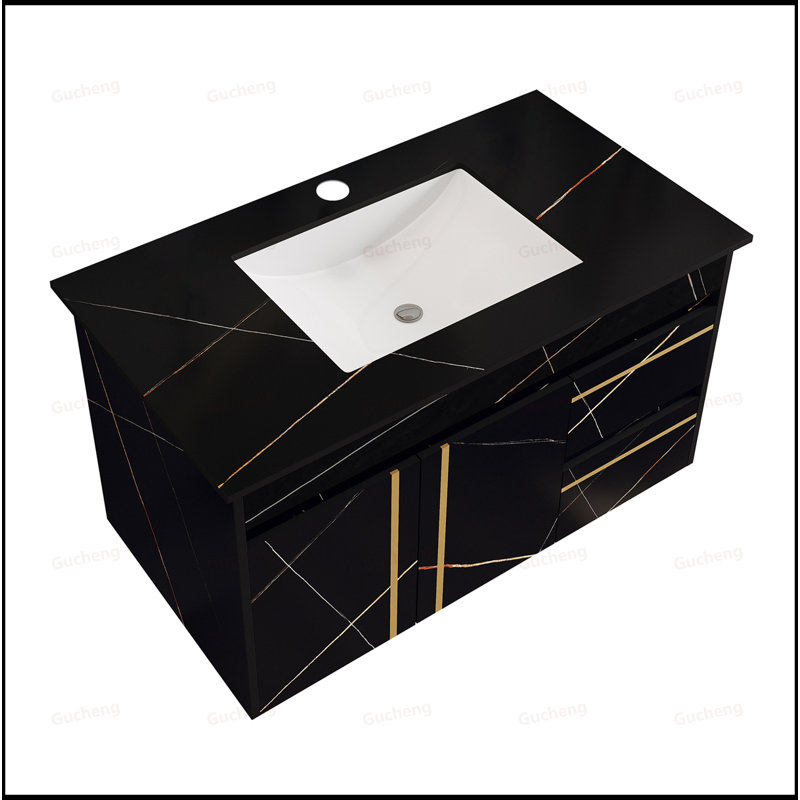 Meuble-lavabo flottant 35,4 po avec comptoir en faux marbre