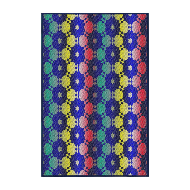 Tapis géométrique tissé à la machine en laine / polyester jaune / bleu / rouge, Rectangle 7 pi x 10 pi