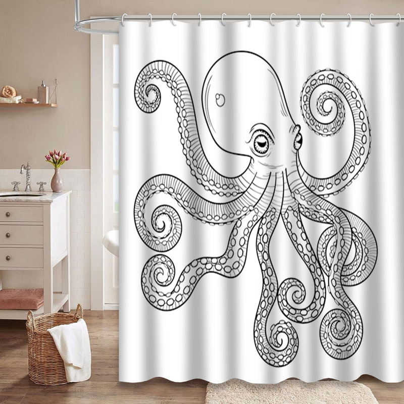 Drawn Octopus Coloring Tattoo Sketch Shower Curtain with 12 Hooks, L 72 po x l 84 po