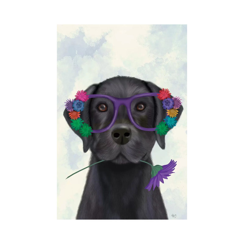 Black Labrador and Flower Glasses 1 Piece Wrapped Canvas Painting, 66.04 cm H x 45.72 cm W x 3.175 cm D