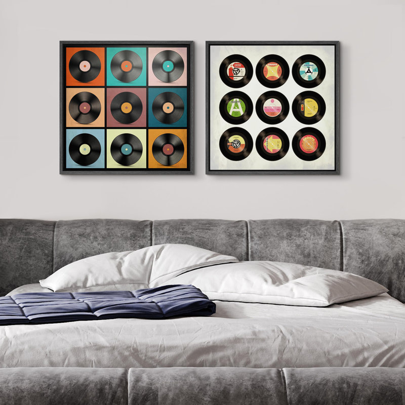 Music " Multicolor Record CD Circle Music Player Collages Illustrations Modern Contemporary Art Decor " 2 - Pieces