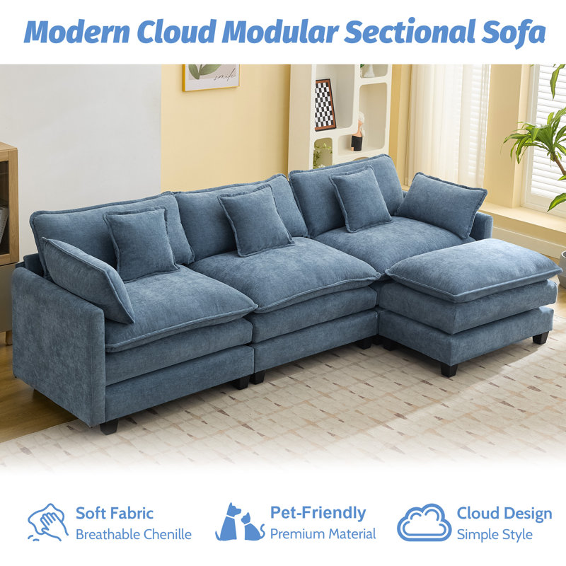 Chenille Upholstered Sectional Sofa Couch with Ottoman, 4, Blue