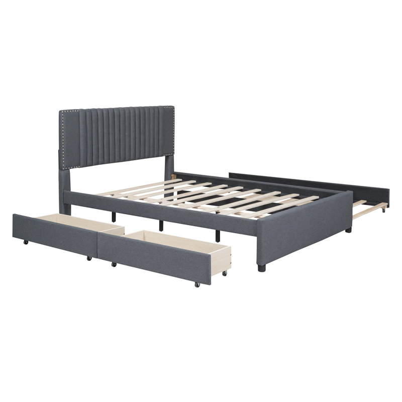 Full Size Bed With Twin Size Trundle, Double, gris