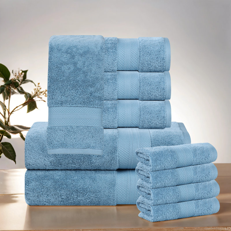 Aria Turkish Cotton Heavyweight Absorbent Plush Solid 10 Piece Towel Set, Denim Blue