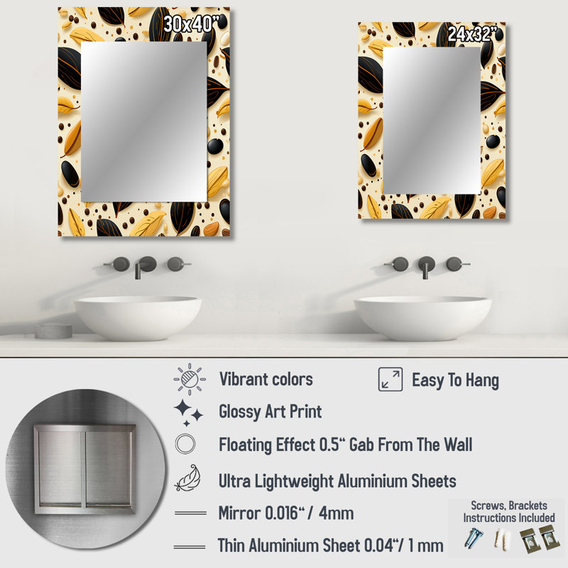 Faustina Botanical Cream And Coffree Pattern - botanical  Wall Mirror, Boho Decorative Mirror, Printed Metal Art, 32" x 24"