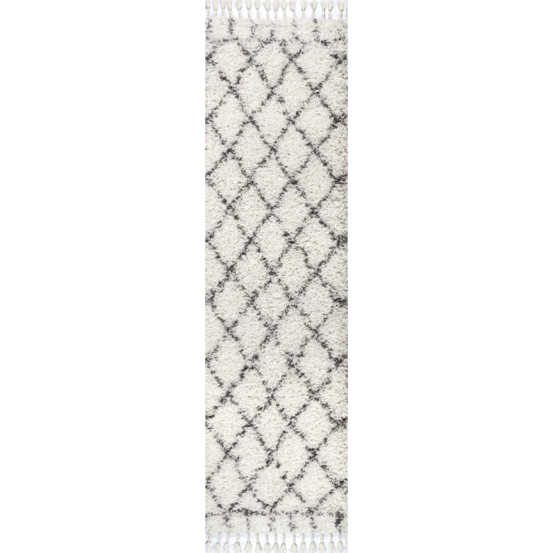 Cantera Shag Plush Tassel Moroccan Geometric Trellis Ivory/Gray Rug, Runner 2'3" x 8'