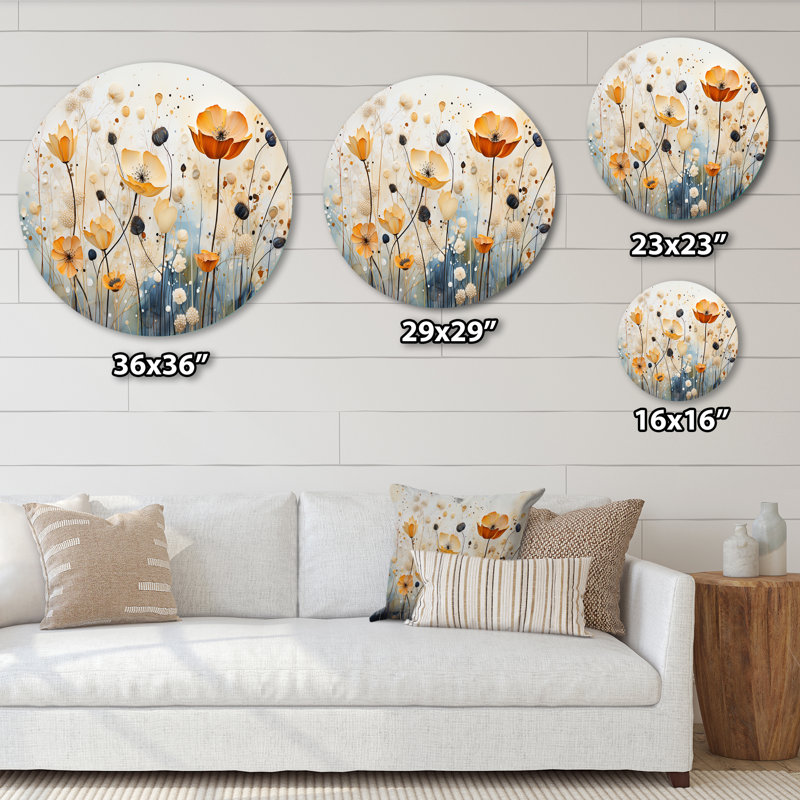 Art botanique orange, bleu et discret I - Art abstrait rond en métal, H 29 po x l 29 po