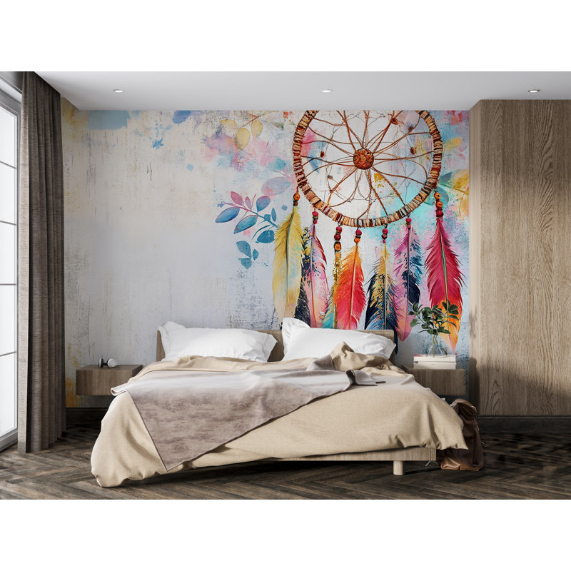 Dreamcatcher With Colourful Feathers – Bohemian Artistic Home Accent Wallpaper – Ethereal Boho Decor Vibes , 10" L x 8" W