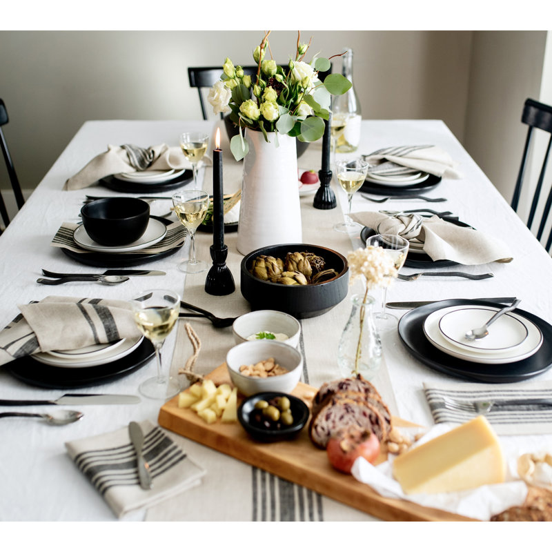 Black and Natural Linen Farmhouse Table Runner 14 x 72 Inch