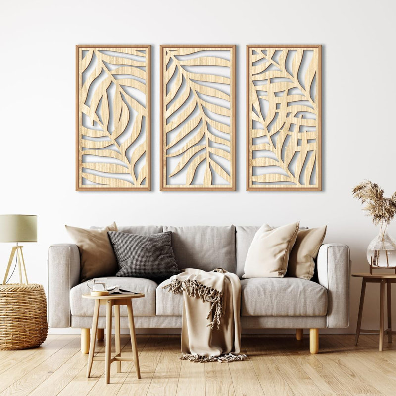 Wooden Palm Leaves Wall Art, Boho Leaves Wall Decor, Tropical Leaf Artwork Framed, Beige Leaves Home Decor For Office Bedroom Living Room Dining Room, Set Of 3 Each 16x32 Inch