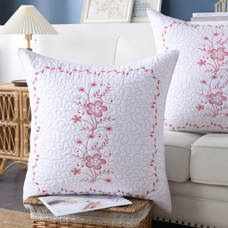White and Red Embroidered Polyester Standard Pillow Shams