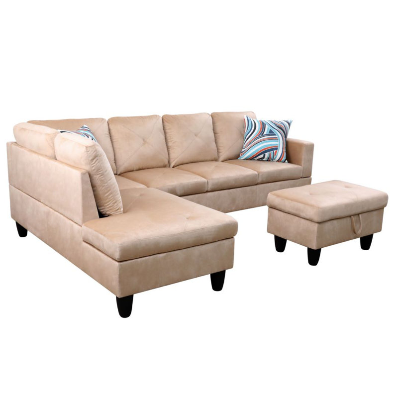 Manol 3 - Piece L- Shaped Upholstered Living Room Sectional Sofa, Left Hand Facing, Beige Microfiber/Microsuede