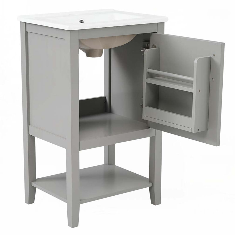 Meuble-lavabo de salle de bain avec lavabo en céramique, support de rangement et tablette ouverte, Gris