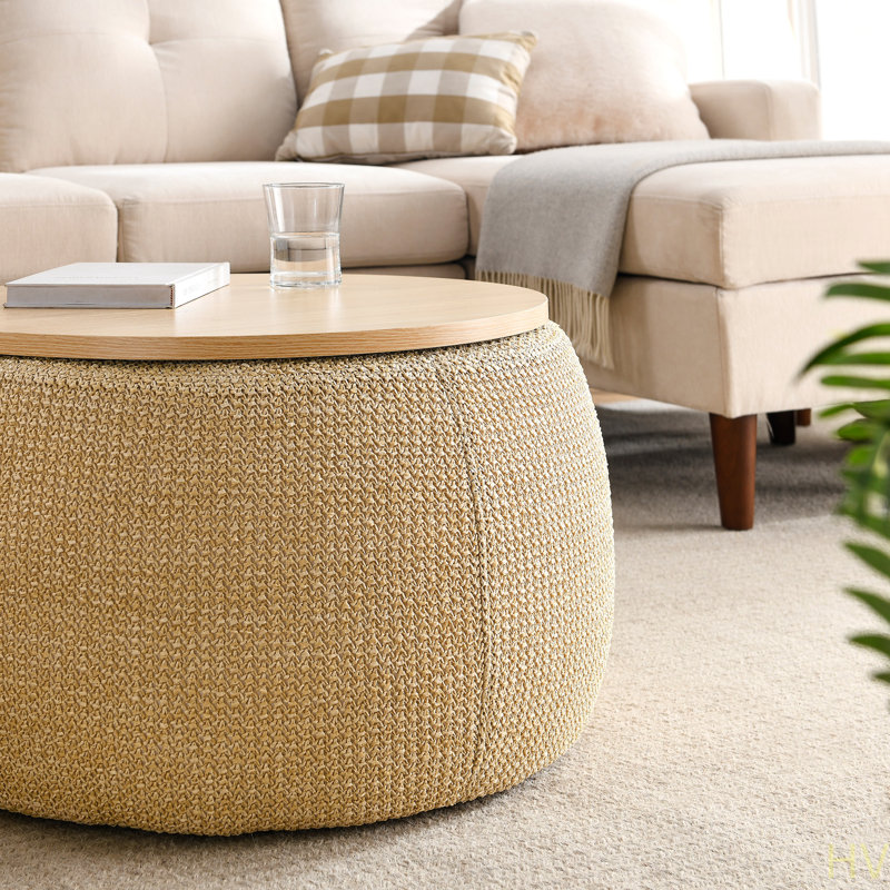Round Storage Ottoman, 2 In 1 Function, Work As End Table And Ottoman (25.5"X25.5"X14.5"), Ivory Chenille