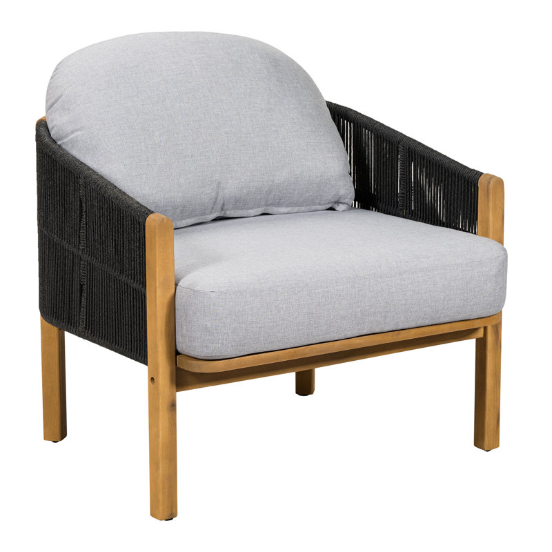 Fauteuil club d'extérieur en bois avec décoration en corde gris foncé et coussin en bois de haute qualité, configuration élastique