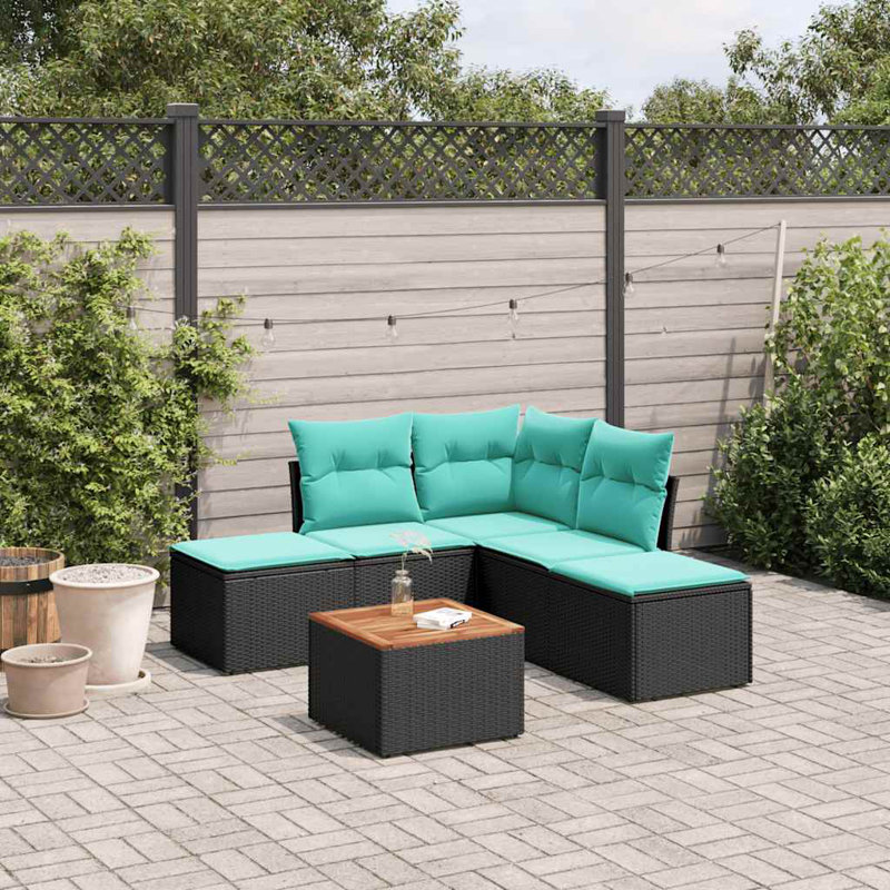  Ensemble de canapé de patio 6 pièces avec coussins en rotin de polyester noir