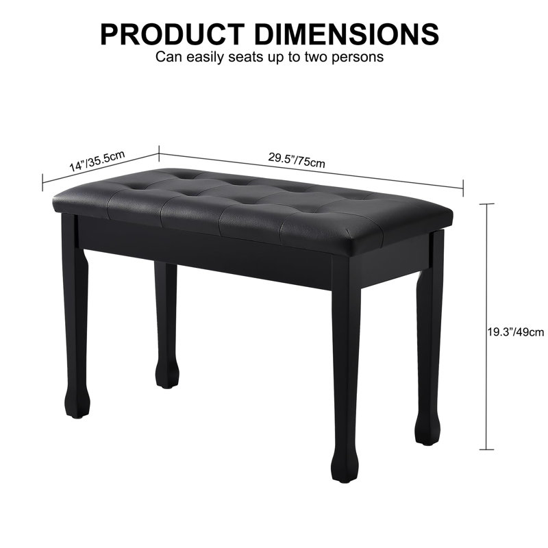 Duet Piano Bench With Storage, Wooden Piano Stool With Waterproof Padded Cushion, Black, Black