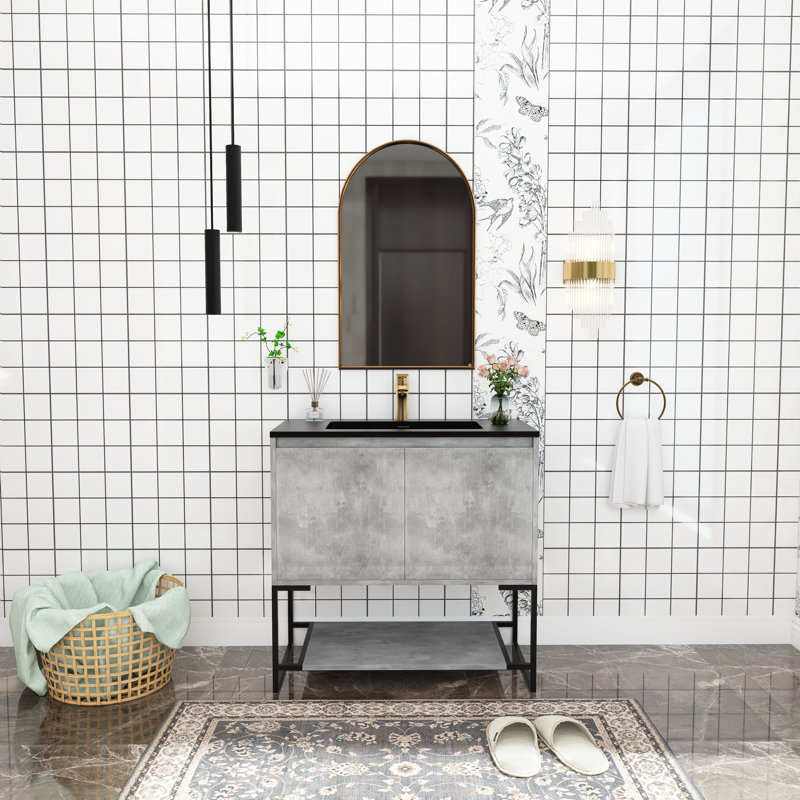 Rithi 35.16'' Single Bathroom Vanity with Solid Surface Top, Cement Gray