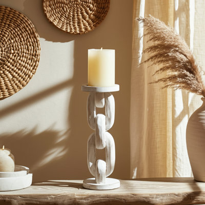 Modern Chain Pillar Candle Holder for Tabletop Decor - Casual Wood Candlestick Holder for Dining Room or Home Decor - White 
