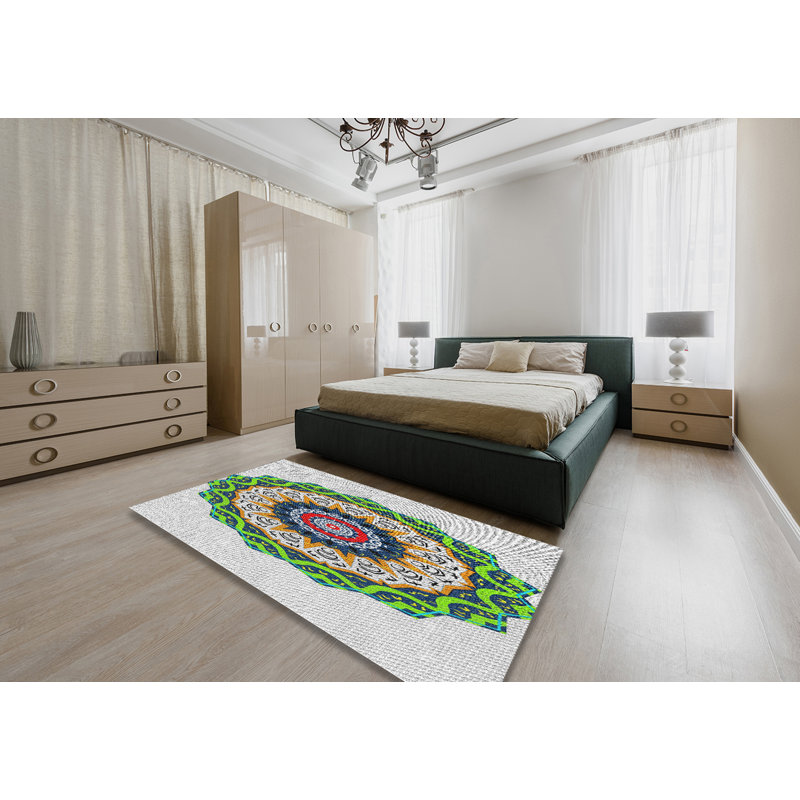 Tapis vert/bleu/gris tissé à la machine, Rectangle 5 pi x 7 pi