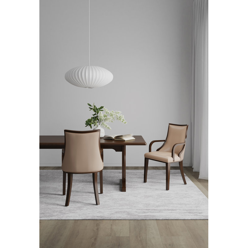Grand Traditional Vegan Leather and Velvet Upholstered Beech Wood Dining Arm Chair in Tan, Beige
