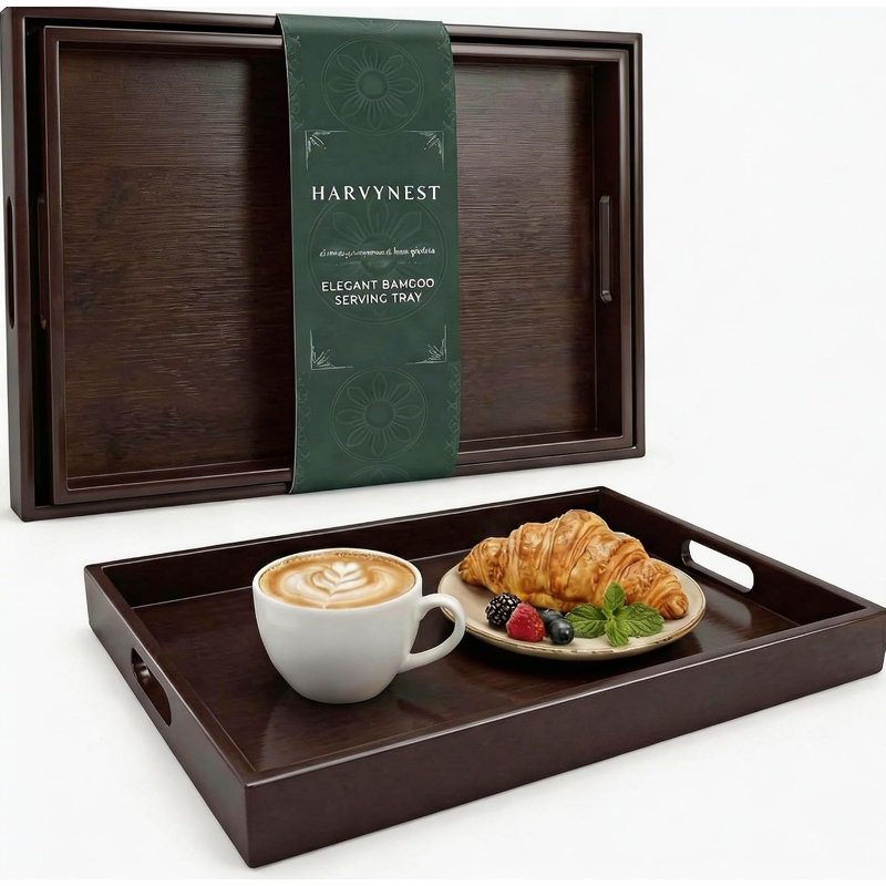 Dark Brown Bamboo Serving Tray with Handles, Set of 2 Nesting Trays