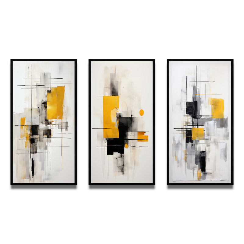 "Gris jaune, minimalisme pureté de la forme", 3 pièces sur toile, Cadre flottant noir, H 32 po x l 48 po