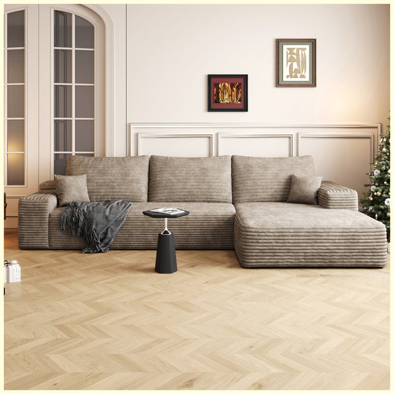 Canapé modulaire en L 107 po avec méridienne en velours côtelé 107 po, sans assemblage requis, Velours côtelé chameau