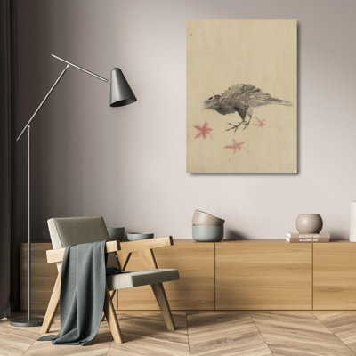"A Bird, Possibly Crow or Raven, Facing Left, Standing Among Leaves with Head Cocked as Though Looking Closely or Listening" by  Katsushika Hokusai - Gallery Wrap Canvas Wall Art
