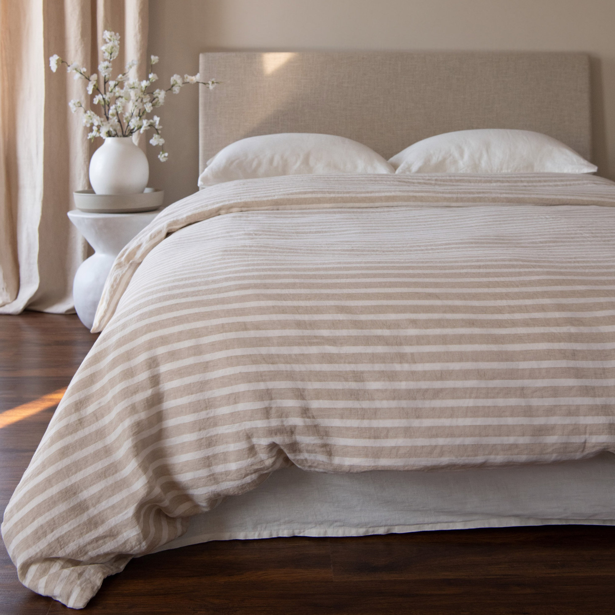 100% French Linen Duvet Cover & Sham Set, Queen Duvet Cover + 2 Standard Pillow Shams, Putty & Cream Stripe