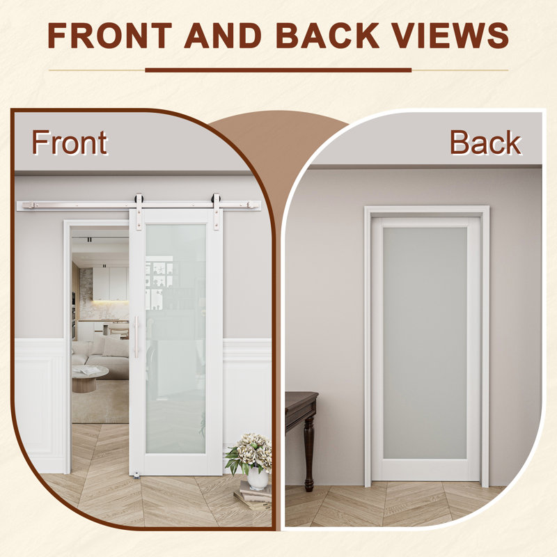 30 in. x 80 in. Primed White MDF Sliding Barn Door with Frosted Glass and Nickel Hardware