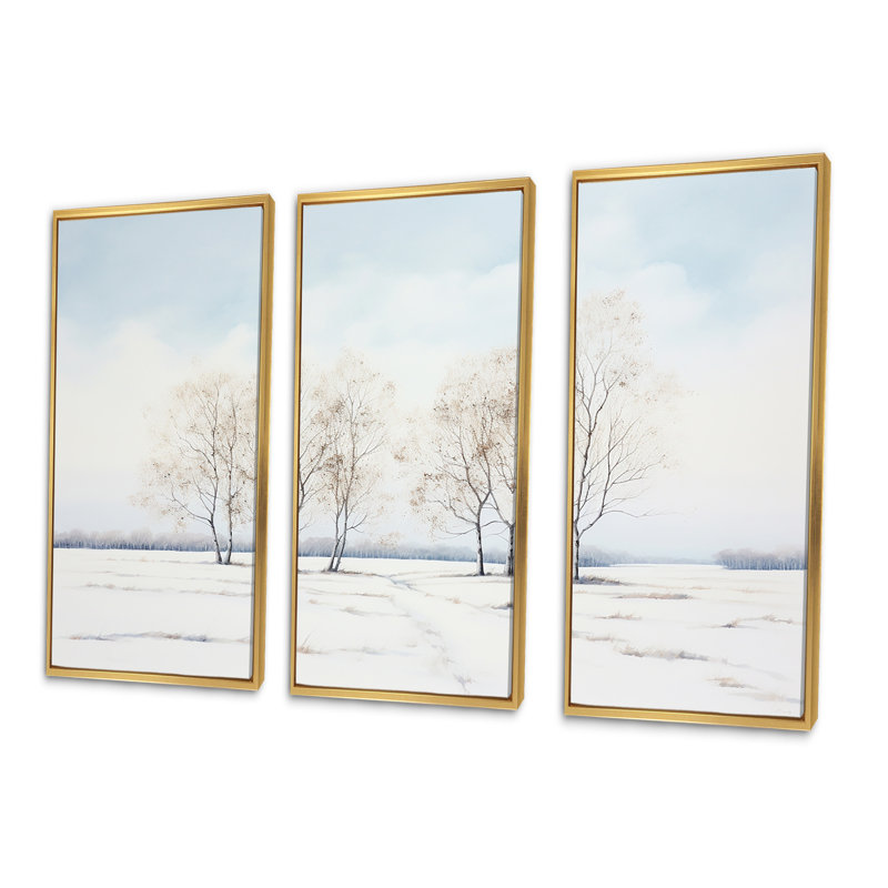 Neige, hiver, minimalisme, paysage, ensemble d'art mural sur toile, Cadre flottant doré, H 40 po x l 60 po x P 1 po